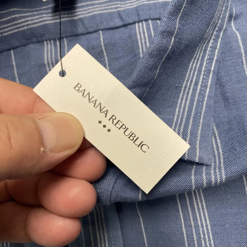 Banana Republic Shirt Mens Large Blue Stripe Short Sleeve Linen Blend Button Up